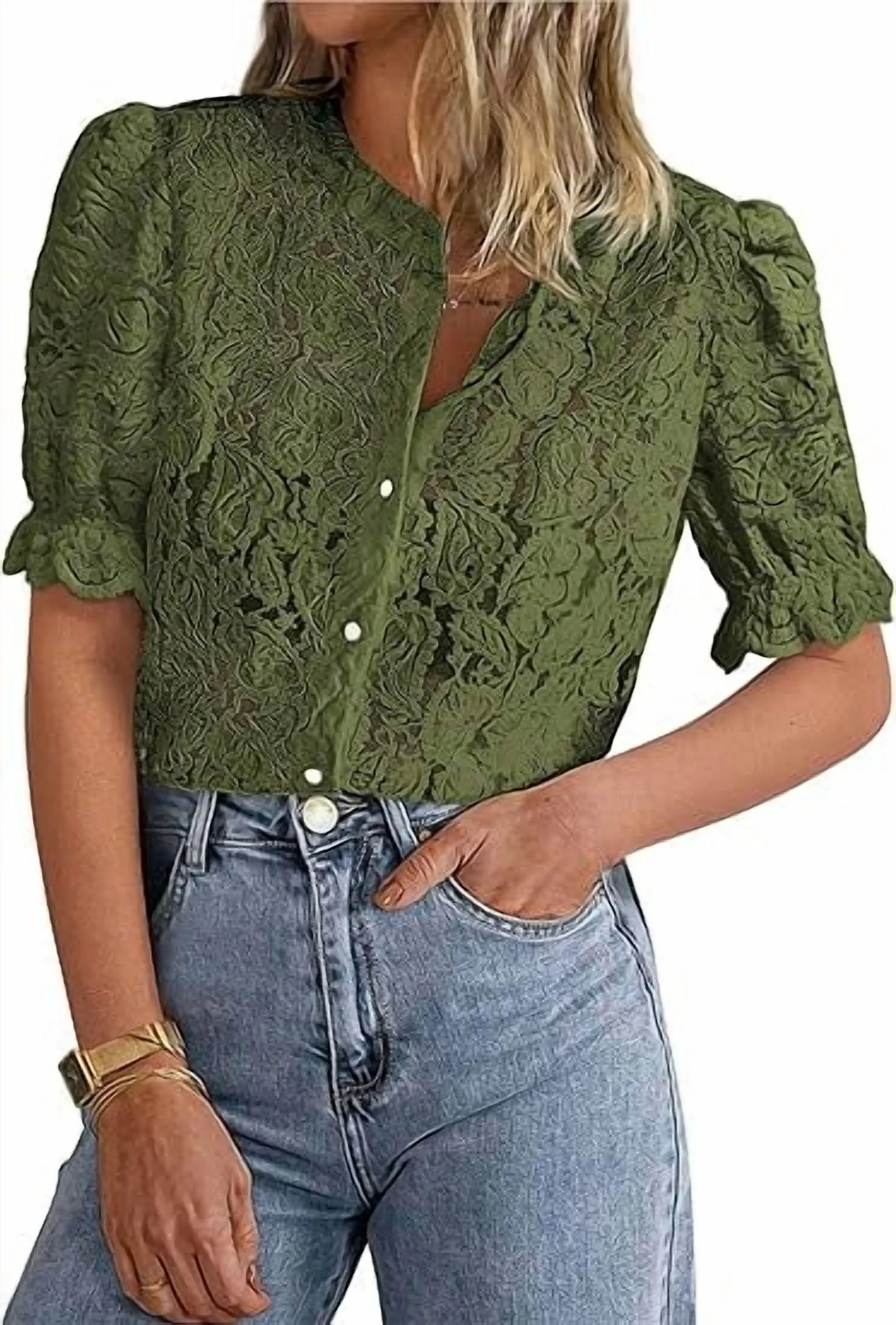 PRETTYGARDEN Womens Summer Lace Tops Short Puff Sleeve Casual Dressy Blouses Eyelet Crew Neck But... | Walmart (US)
