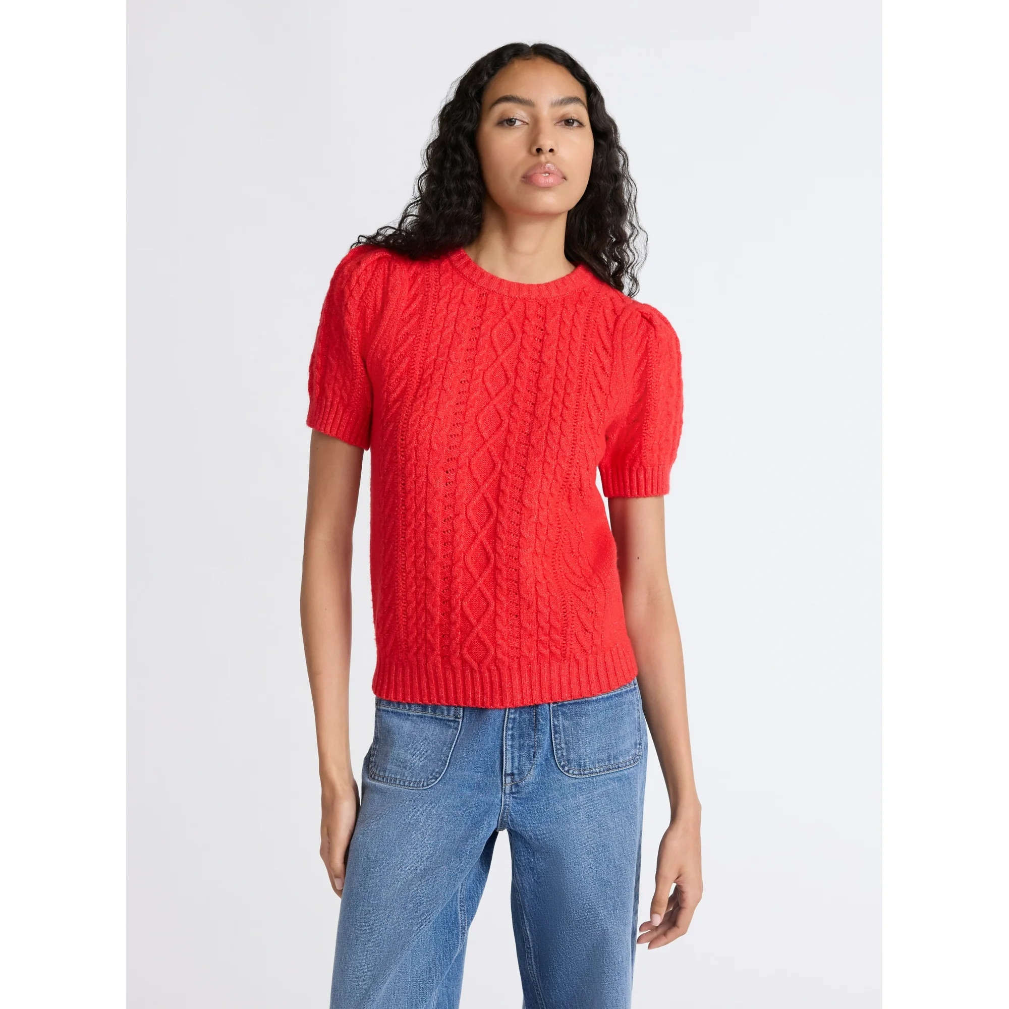 Free Assembly Women's Cable Knit Sweater with Short Puff Sleeves, Sizes XS-XXL | Walmart (US)
