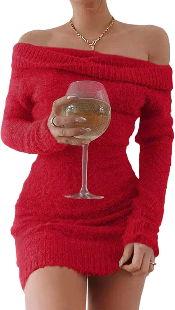 FAIRY SEASON Women's 2025 Off The Shoulder Sweater Mini Dress Long Sleeve Ribbed Bodycon Pullover... | Amazon (US)