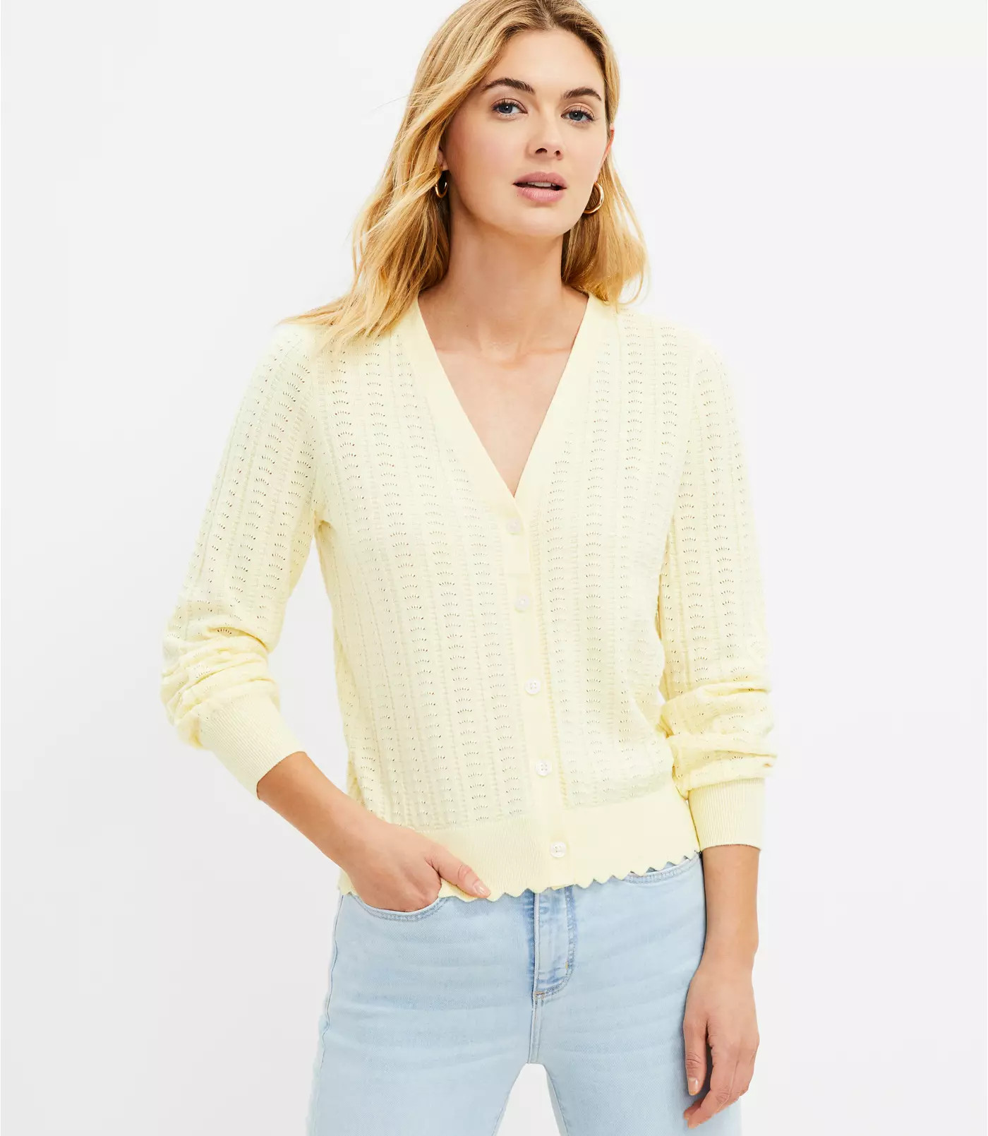 Scalloped Pointelle V-Neck Cardigan | LOFT | LOFT