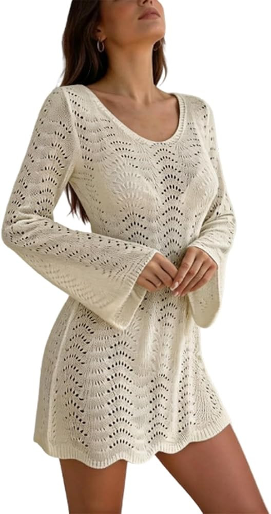 Womens Swimsuit Cover Up Long Sleeve Crochet Bathing Suit Mesh Backless Cover Ups Summer Beach Va... | Amazon (CA)