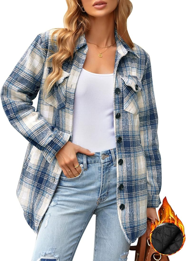 luvamia Plaid Jackets for Women Flannel Quilted Shacket Coats Oversized Button Down Shirts Jacket | Amazon (US)