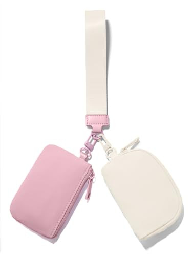 Viverte Mini Zip Around Keychain Wristlet Wallets Small Portable Dual Pounch Wristlet Detachable Coin Purse Pocket Gifts for Women Travel Sports Outdoors(Pink+Cream White) | Amazon (US)