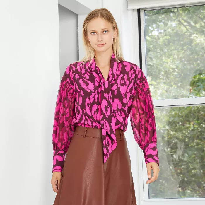 Women's Leopard Print Balloon Long Sleeve Soft Bow Blouse - Who What Wear™ | Target