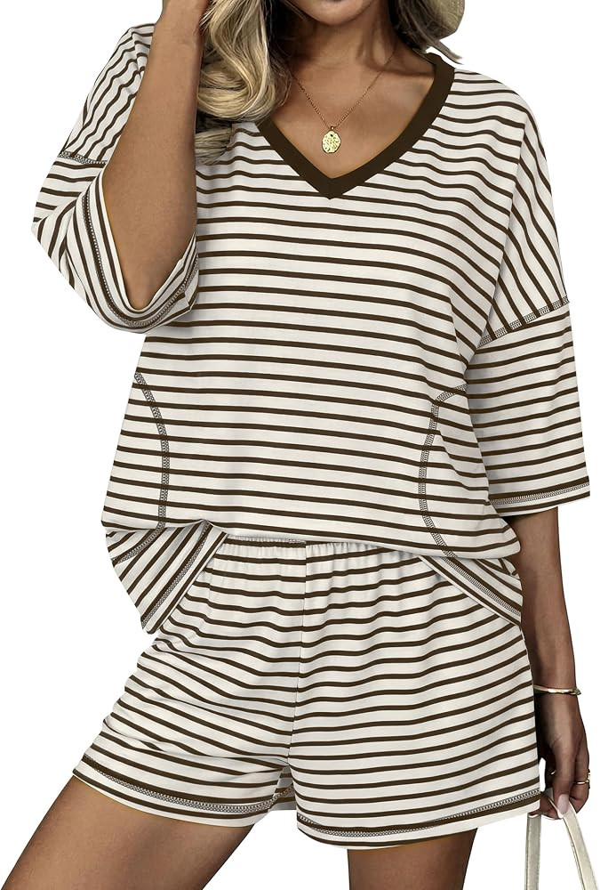 Ekouaer Two Piece Sets for Women Summer Lounge Short Set Matching Clothing     2 Piece Striped Sh... | Amazon (US)