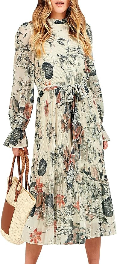 ANRABESS Women's Floral Chiffon Midi Dress Puff Long Sleeve Mock Neck Summer Wedding Guest Party ... | Amazon (US)