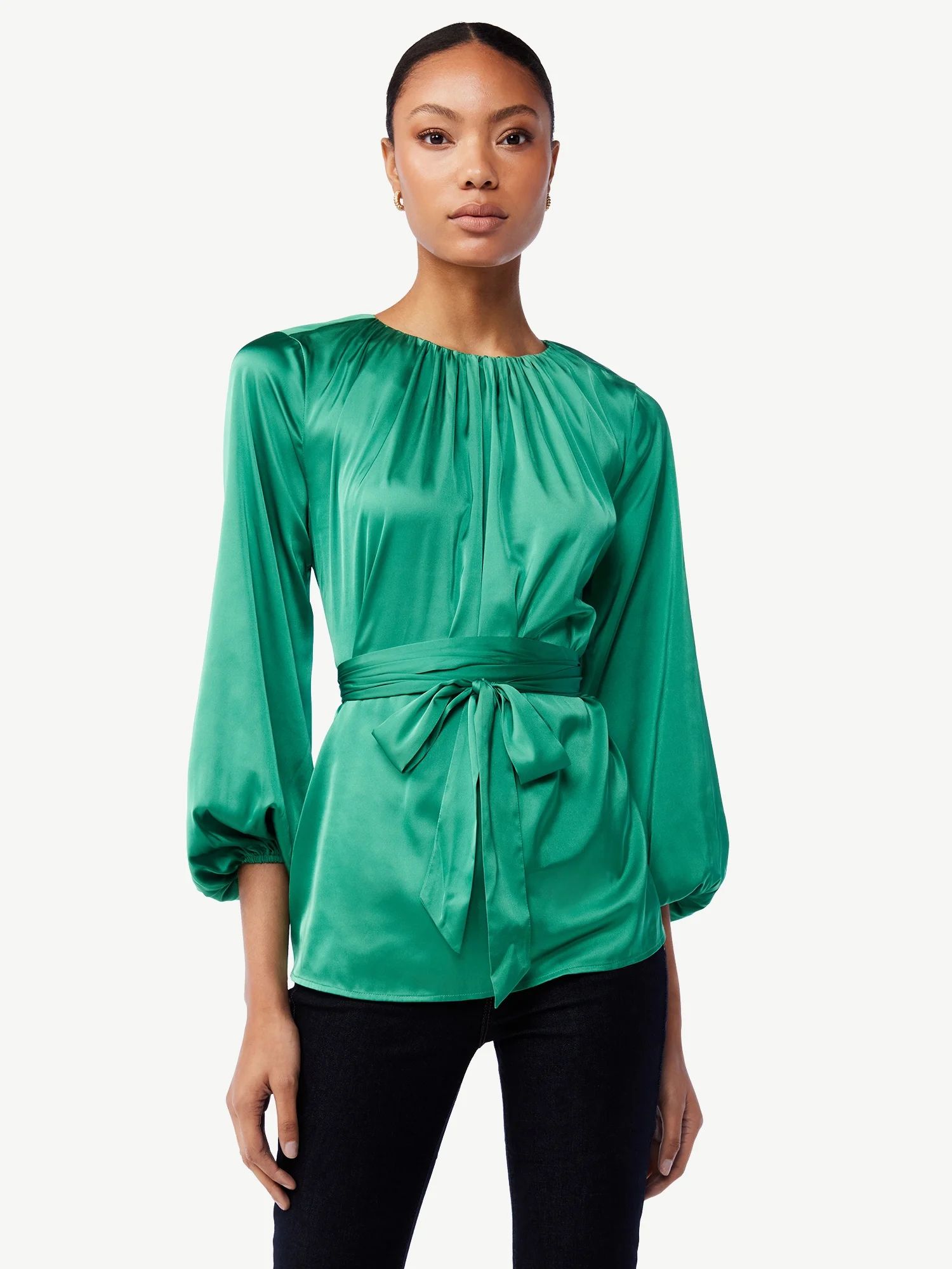 Scoop Women's Belted Blouse with Blouson Sleeves | Walmart (US)