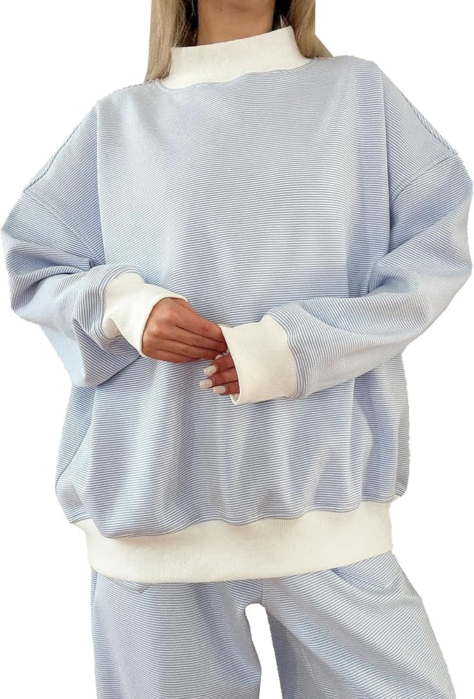 Oversized Striped Mock Neck Sweatshirt Women Cotton Turtleneck Pullover Long Sleeve Tops Spring F... | Amazon (US)