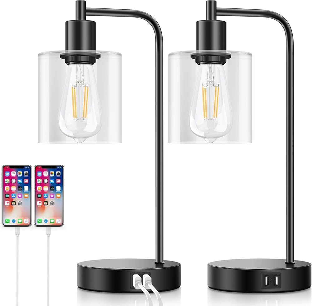 Set of 2 Industrial Touch Control Table Lamps with 2 USB Ports and AC Outlet, 3-Way Dimmable Beds... | Amazon (US)