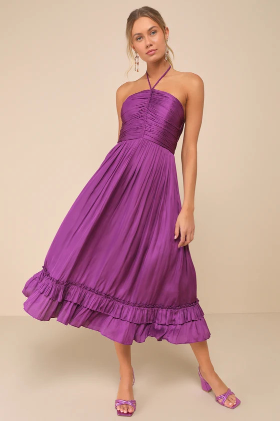 Pleasing Chicness Purple Satin Halter Tiered Midi Dress | Lulus
