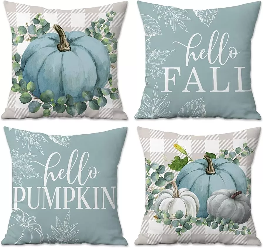 Fall Decor Throw Pillow Covers 18x18 Set of 4, Hello Autumn Pumpkin Black