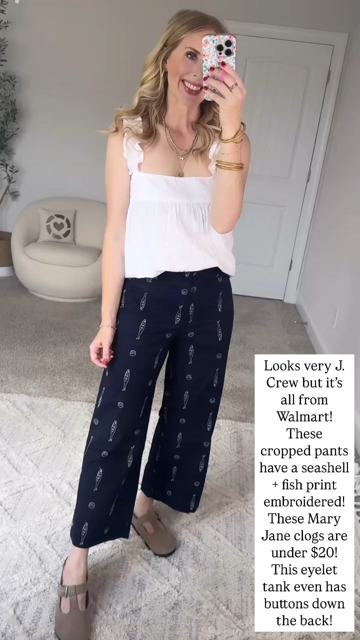 Walmart try on, fish embroidered pants, white eyelet top 

#LTKStyleTip #LTKFindsUnder50