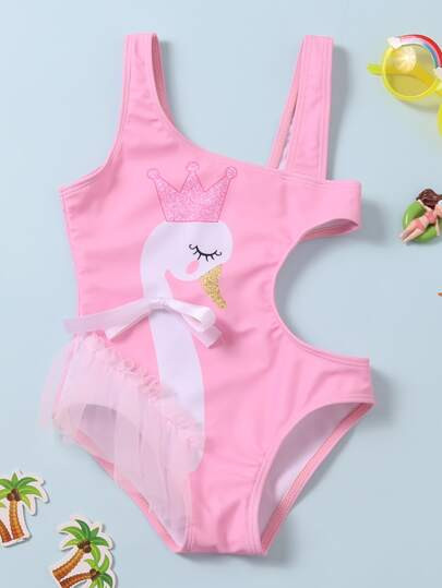 Toddler Girls Swan Print Cut-out One Piece Swimsuit | SHEIN
