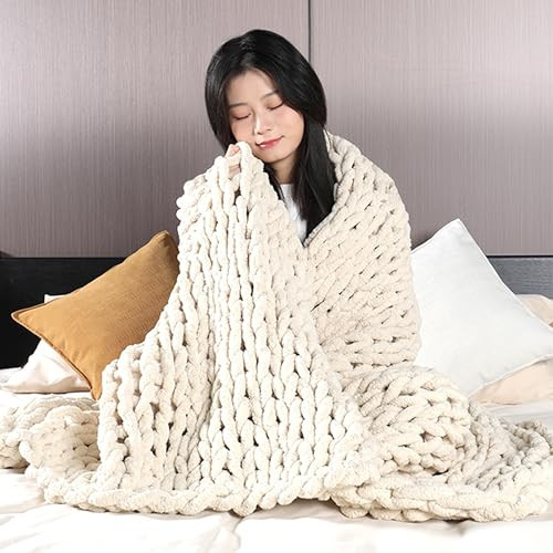Chunky Knitted Blanket - Beige - 50"x60" - Chenille Chunky Yarn Blanket - Machine Washable & No Shed - Breathable Soft Hand Knit Crochet Thick Knit | Amazon (US)