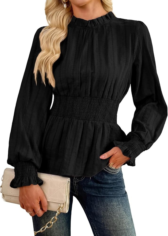 Pink Queen Women's Long Sleeve Blouse Cinched Waist Peplum Cotton Top 2026 | Amazon (US)