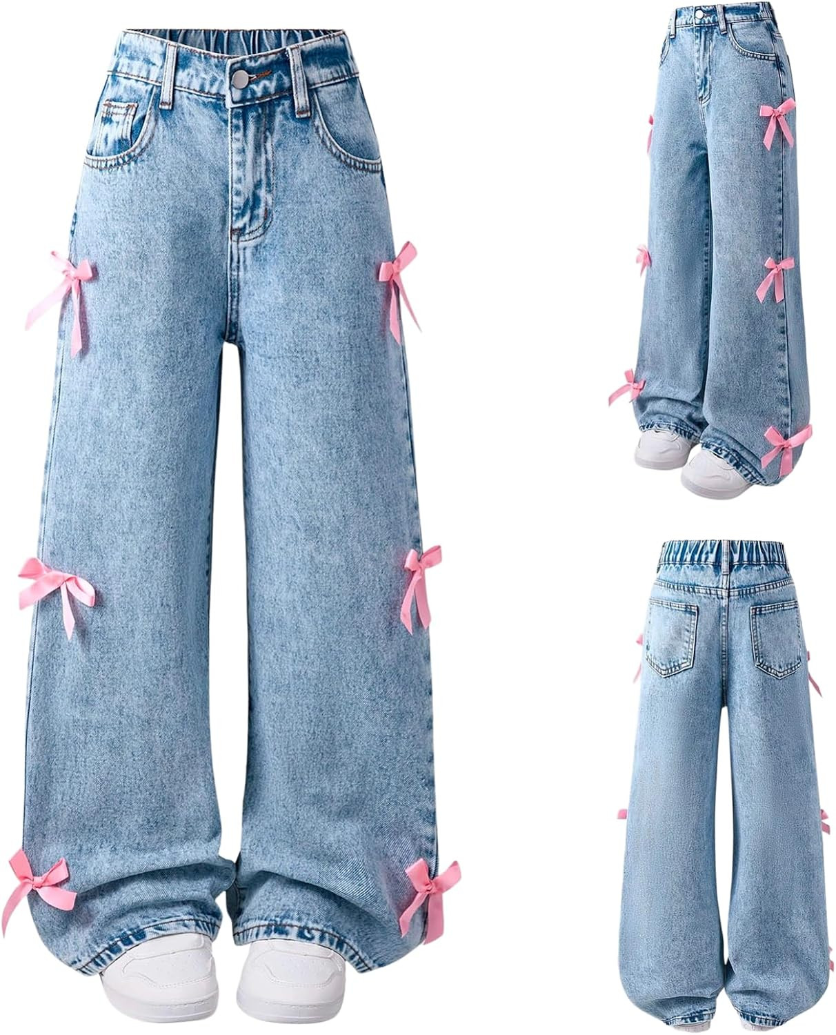 Girls Jeans Baggy Teens Kids Cute High Waisted Embroidered Denim Pants With Pockets Preppy Tween Clothes Y2K | Amazon (US)
