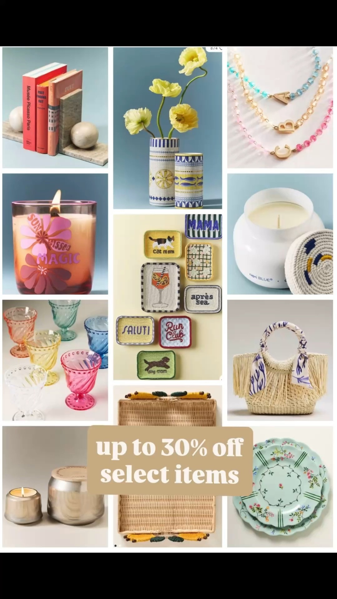 Anthropologie. Up to 30% off accessories, sleepwear, candles & more.
Anthro home. Summer accessories.

#LTKSeasonal #LTKSaleAlert #LTKHome