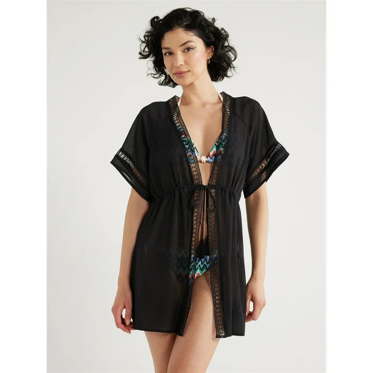No Boundaries Juniors Tie Front Coverup with Short Sleeves, Sizes S-2XL - Walmart.com | Walmart (US)