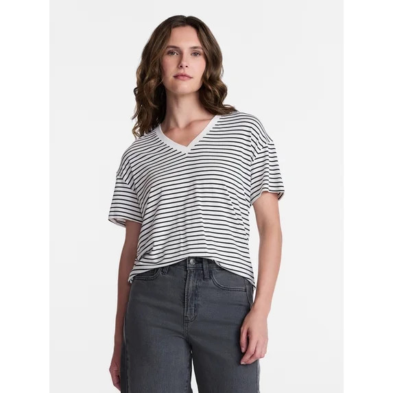 Time and Tru Women's V-Neck Tunic Tee with Short Sleeves, Sizes XS-XXXL | Walmart (US)