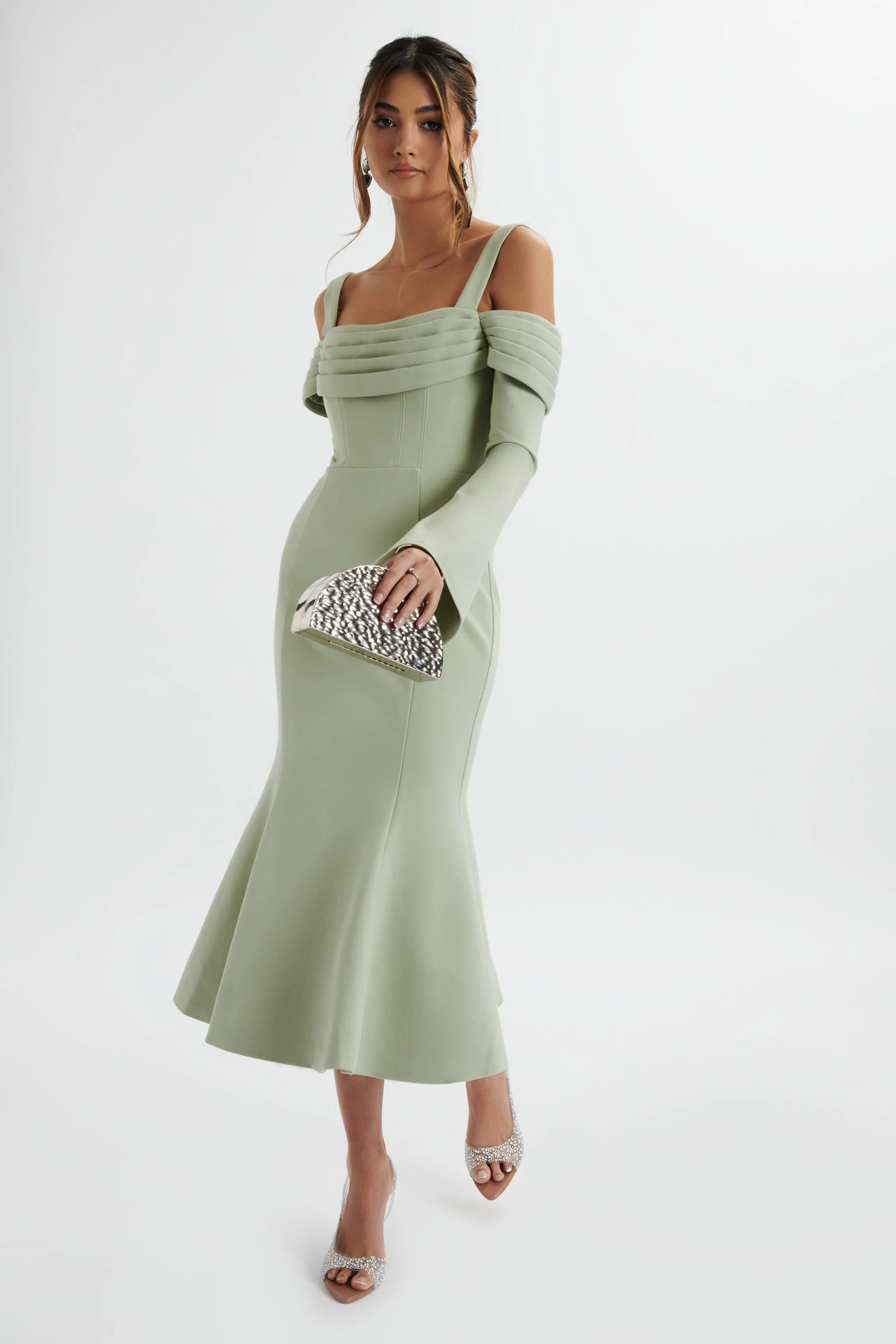 SIA Ponte Pleated Cowl Longline Midi Dress In Sage Green | Lavish Alice Retail Ltd