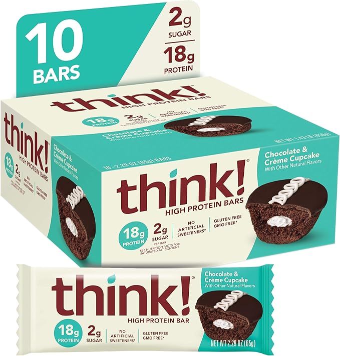 think! High Protein Bars - Chocolate & Creme Cupcake, 18g Protein, 2g Sugar, No Artificial Sweete... | Amazon (US)