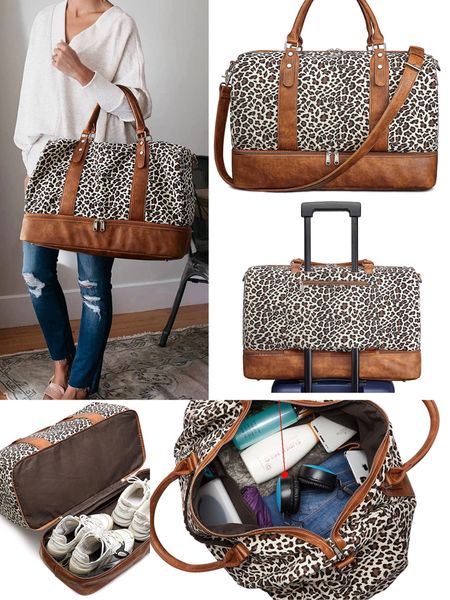 The perfect travel bag. Travel tote. Must have travel essentials. Women Weekender Bag Canvas Travel Duffel Bag Overnight Carry On Tote Bag with Luggage Sleeve (Leopard)! 

Spacious Capacity—About 40L: 20.5"(Bottom L)x 9"(W)x 13.2"(H); Strap Length: 38.1"-47.4"; Weight: 2.86lbs; The long strap is 1.38" wide and eases your shoulder when using it as a crossbody bag or single shoulder bag. 2 top handles for quick grab-and-go or sling over your arm. Large enough, can hold about 40L capacity like 4 sets of clothes, shoes, electronic devices; Inside the bag with 2 side holders and 1 zipper pocket for passport, ID card, wallet
Luggage Sleeve& Shoe Compartment: Compact for organization. Double zipper compartment at the bottom for shoes or dirty laundry separation; Back slide sleeve, with a zipper pocket to hold your cellphone, makes it easy to slide over standard handle of rolling suitcase/luggage/roller bag  

#LTKunder50 #LTKtravel #LTKsalealert