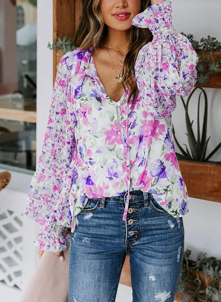 Eytino Women Boho Floral Printed V Neck Long Sleeve Drawstring Blouse Tops(S-XXL) | Amazon (US)