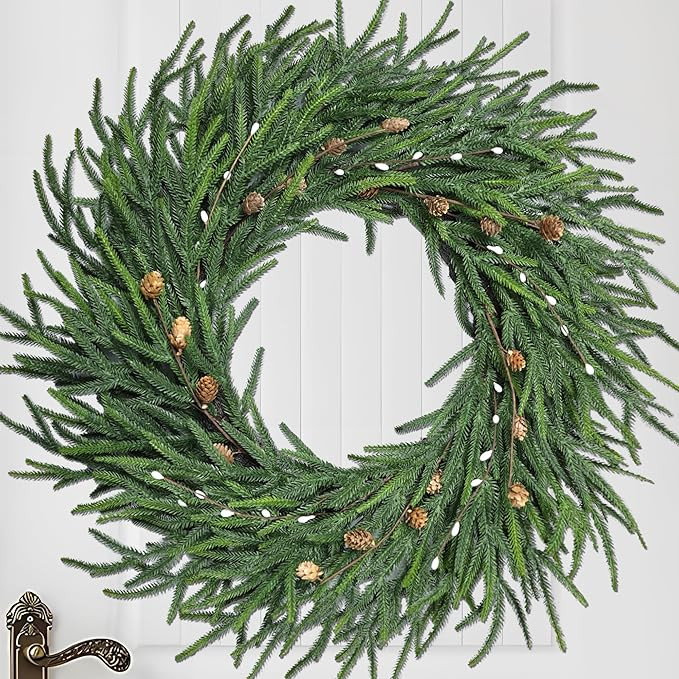 24 Inch Pine Wreath Christmas Wreaths for Front Door, Real Touch Pine Wreath with White Berries A... | Amazon (US)