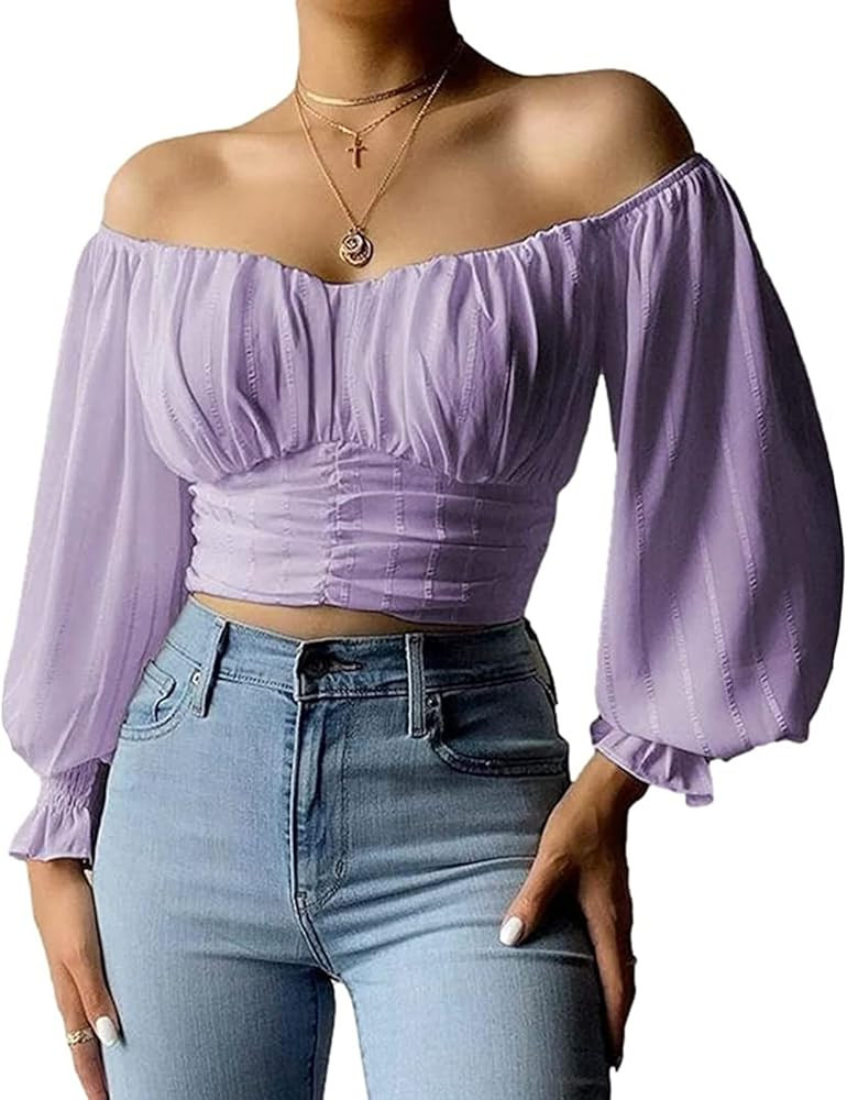 MIRACMODA Womens Elegant Off The Shoulder Puff Sleeve Blouse Summer Chiffon Slim Fit Party Crop T... | Amazon (US)
