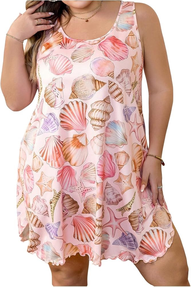 WDIRARA Women's Plus Size Graphic Tank Nightgowns Split Side Sleepwear Scoop Neck Short Slip Dres... | Amazon (US)