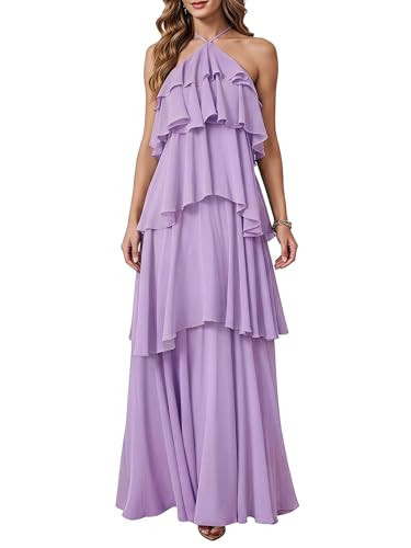 SOLY HUX Women's Wedding Guest Dress Sundresses Ruffle Layered Halter Backless Flowy Formal Maxi ... | Amazon (US)
