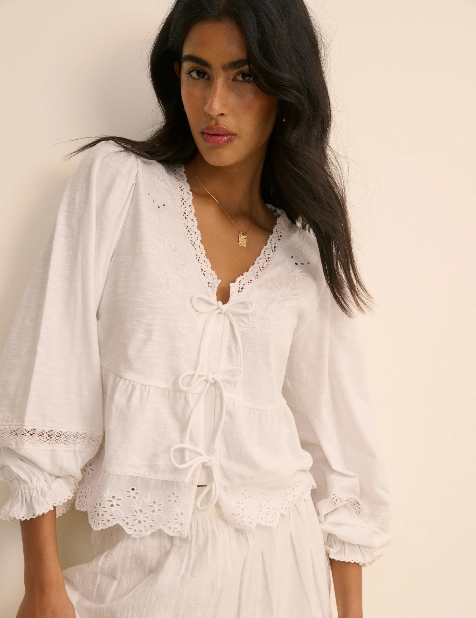 White Embroidered Tie Front Blouse | Nobody's Child