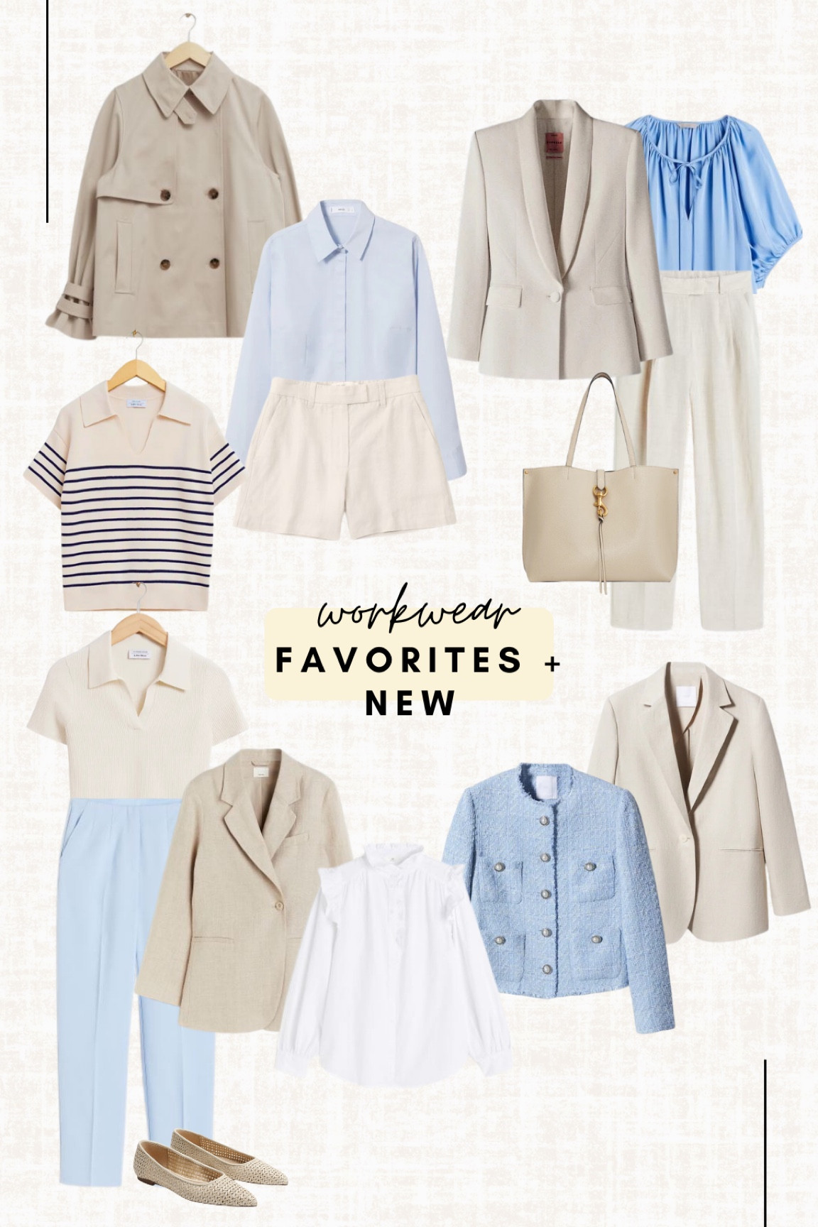 A few of my current workwear favorites! I haven’t posted a workwear collage in ages so thought I’d select a few. I’m currently loving the light blue/cream and white color scheme going into summer. I tried to select as much basics that you can wear year after year so the cost per wear is 👌🏽 Read the size guide/size reviews to pick the right size.

Leave a 🖤 to favorite this post and come back later to shop


#workwear #office outfit #officewear #linen shirt #linen blouse #white shirt #tweed jacket #linen blazer #satin blouse #polo shirt #striped #trenchcoat 

#LTKworkwear #LTKstyletip #LTKSeasonal