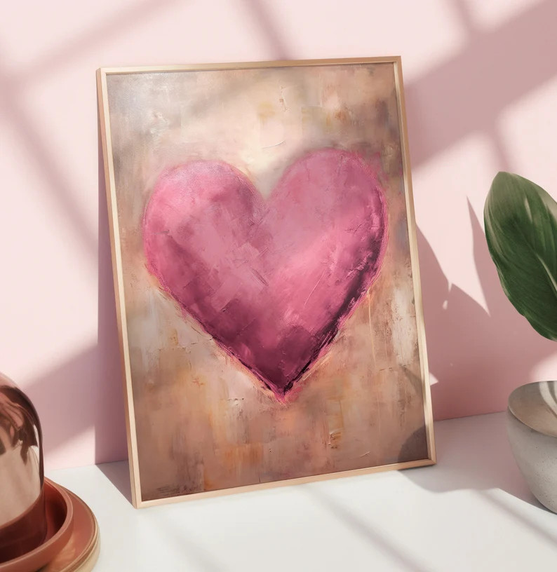 Valentines Day Pink Heart Print Valentines Wall Art Vintage Valentines Day Decor Romantic Wall Ar... | Etsy (US)