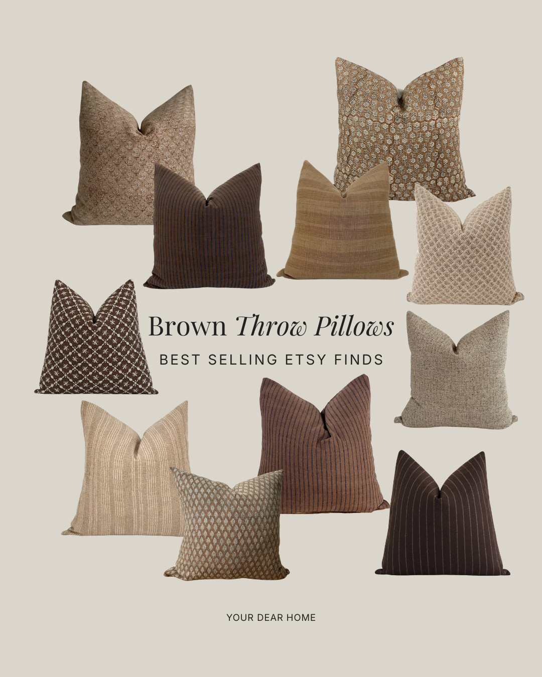The easiest, no-commitment way to bring brown in.
Mix solid browns with subtle patterns, plaids, or textured fabrics like linen and wool.
Brown pillows pair beautifully with beige, cream, olive, and even soft blues. 

 #LTKHome