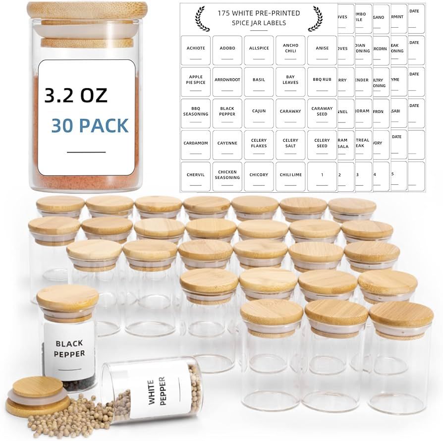 30 Pack Glass Spice Jars Set, 3.2oz (95ml) Mini Spice Jar with Bamboo Airtight Lids and 180 Spice... | Amazon (US)
