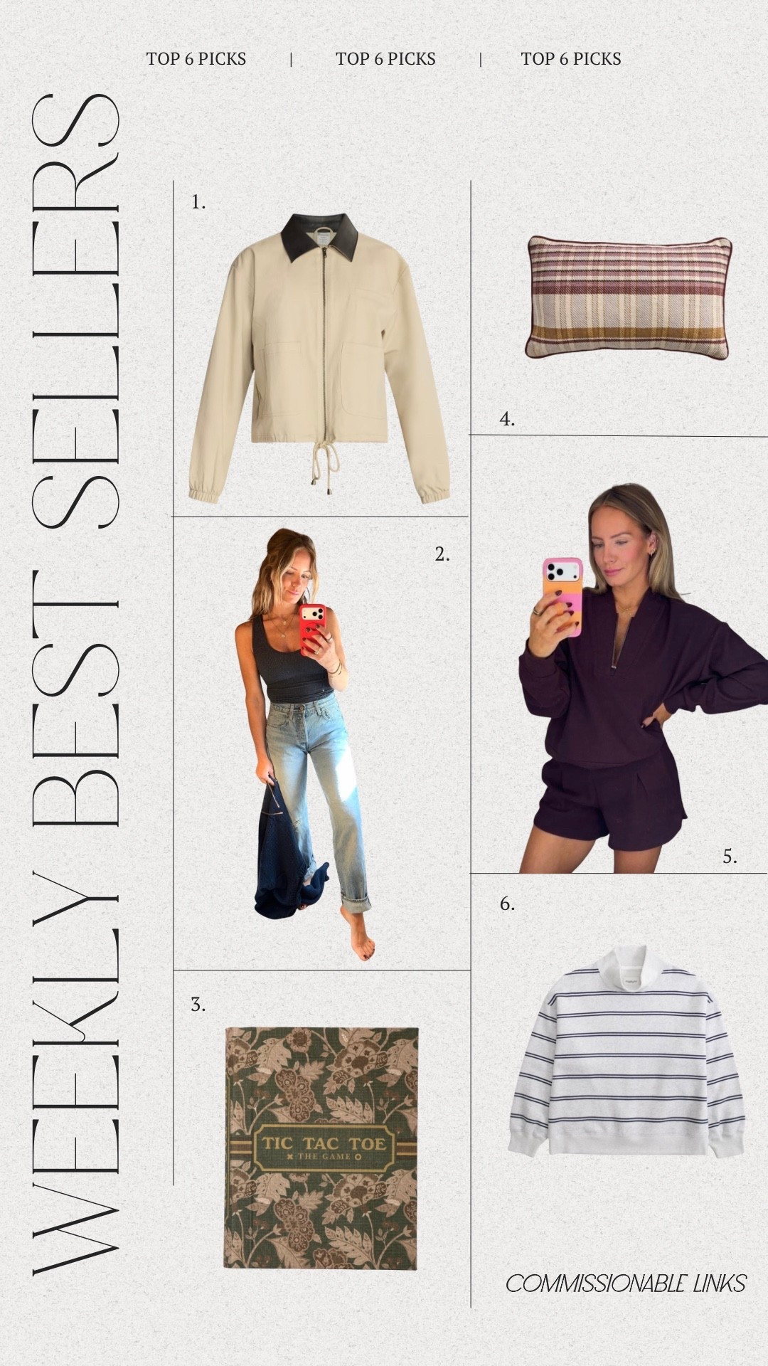 Last Weeks Top Six 
So much love for these Walmart finds!!

1. Walmart Barn Jacket
2. Montana fit
3. Tic Tac Toe Game
4. Seasonal throw pillow
5. Walmart Set
6. A&F mockneck