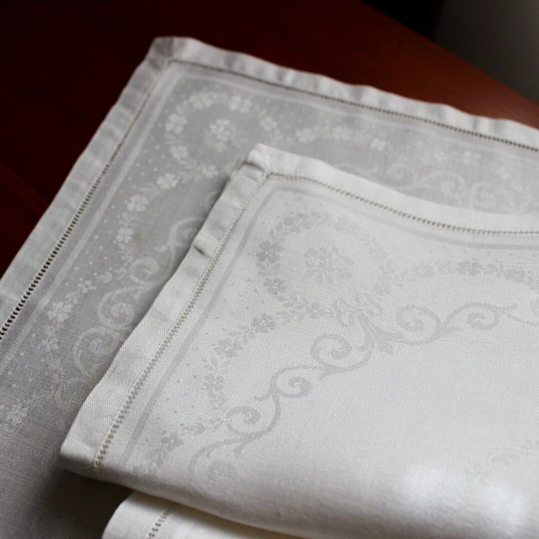 Vintage Napkins Linen Damask Lunch Dinner 6 Versatile Fancy White Hemstitched Floral Wreath | Etsy (US)