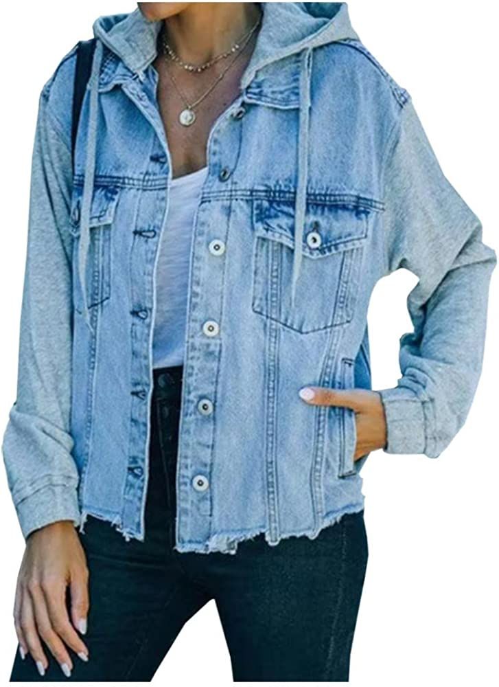 LifeShe Women's denim jacket with hood ripped distressed jean jackets hoodie | Amazon (US)