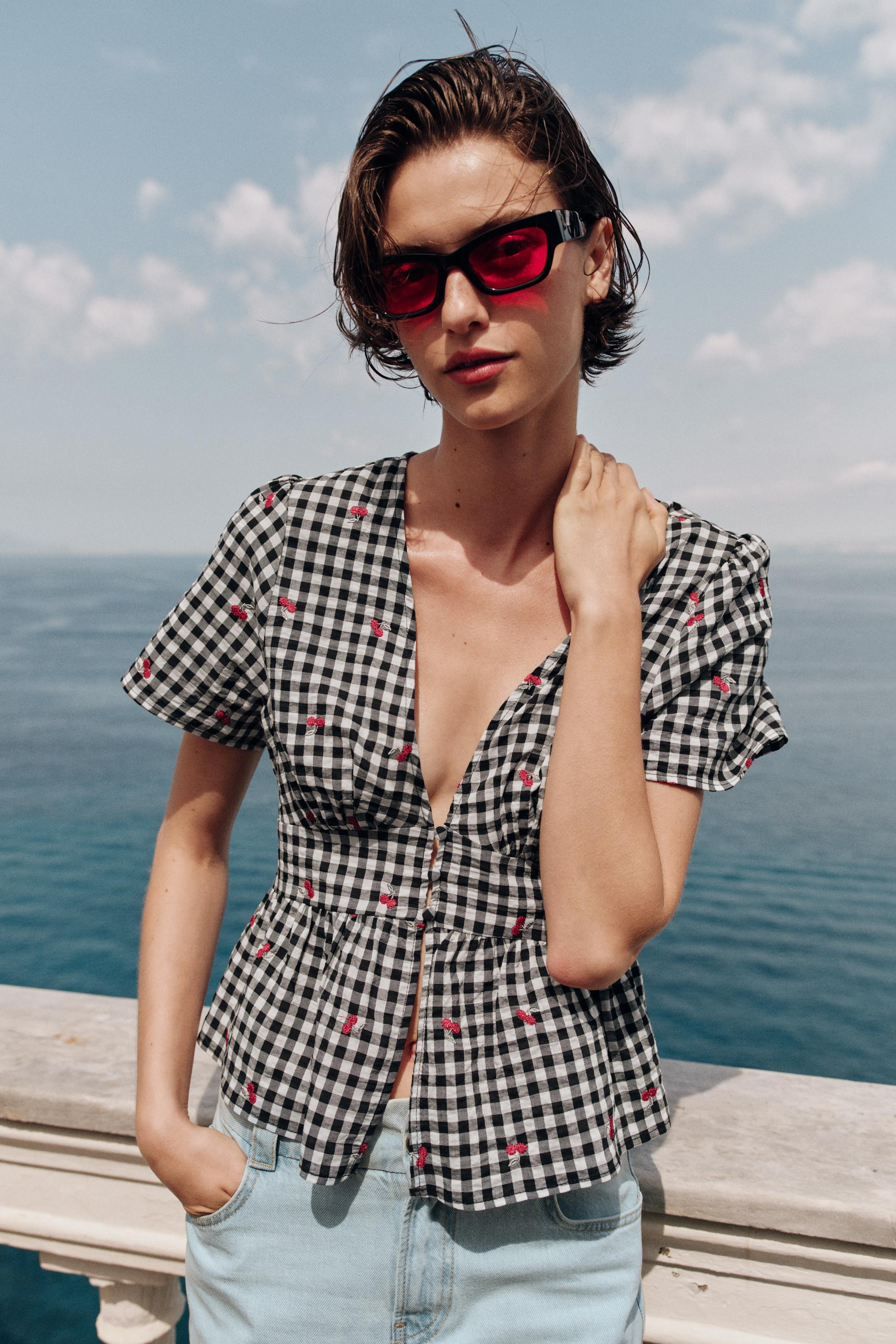 GINGHAM TOP WITH CHERRY EMBROIDERY | Zara UK