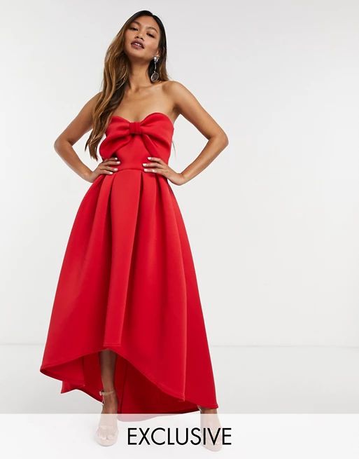 True Violet oversized bow high/low midi dress in red | ASOS (Global)