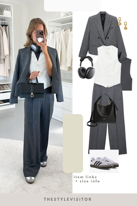 Laid back work outfit wearing a grey waistcoat and suit, combined it with a turtleneck sleeveless top. You can leave it out and have a more end of summer look and exchange the sneakers for loafers. Read the size guide/size reviews to pick the right size.

Leave a 🖤 to favorite this post and come back later to shop

Office outfit, office look, full length trousers, adidas samba, white waistcoat, short double breasted blazer 

#LTKworkwear #LTKSeasonal #LTKeurope