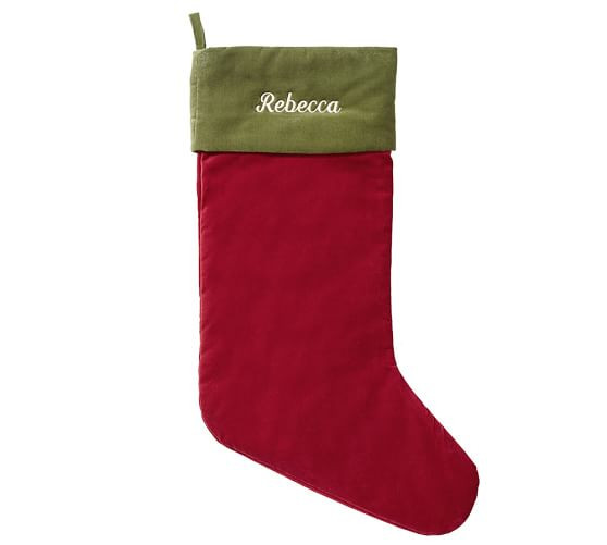 Personalized Classic Velvet Stockings - Red with Green Cuff | Pottery Barn (US)