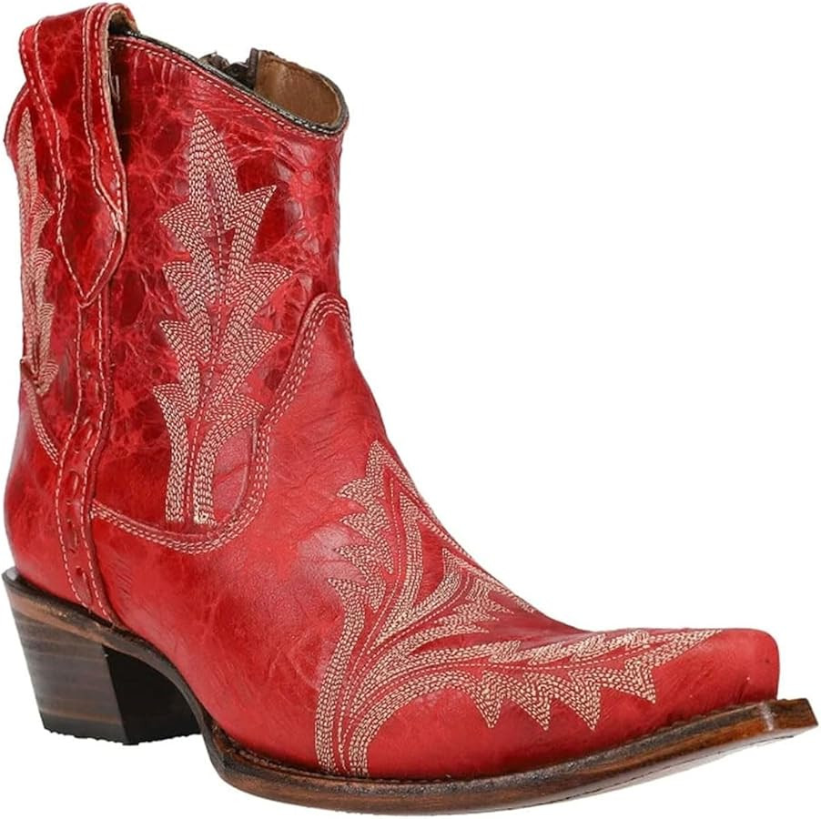 Corral Boots Womens Embroidered Snip Toe Casual Boots Ankle Low Heel 1-2" - Red | Amazon (US)