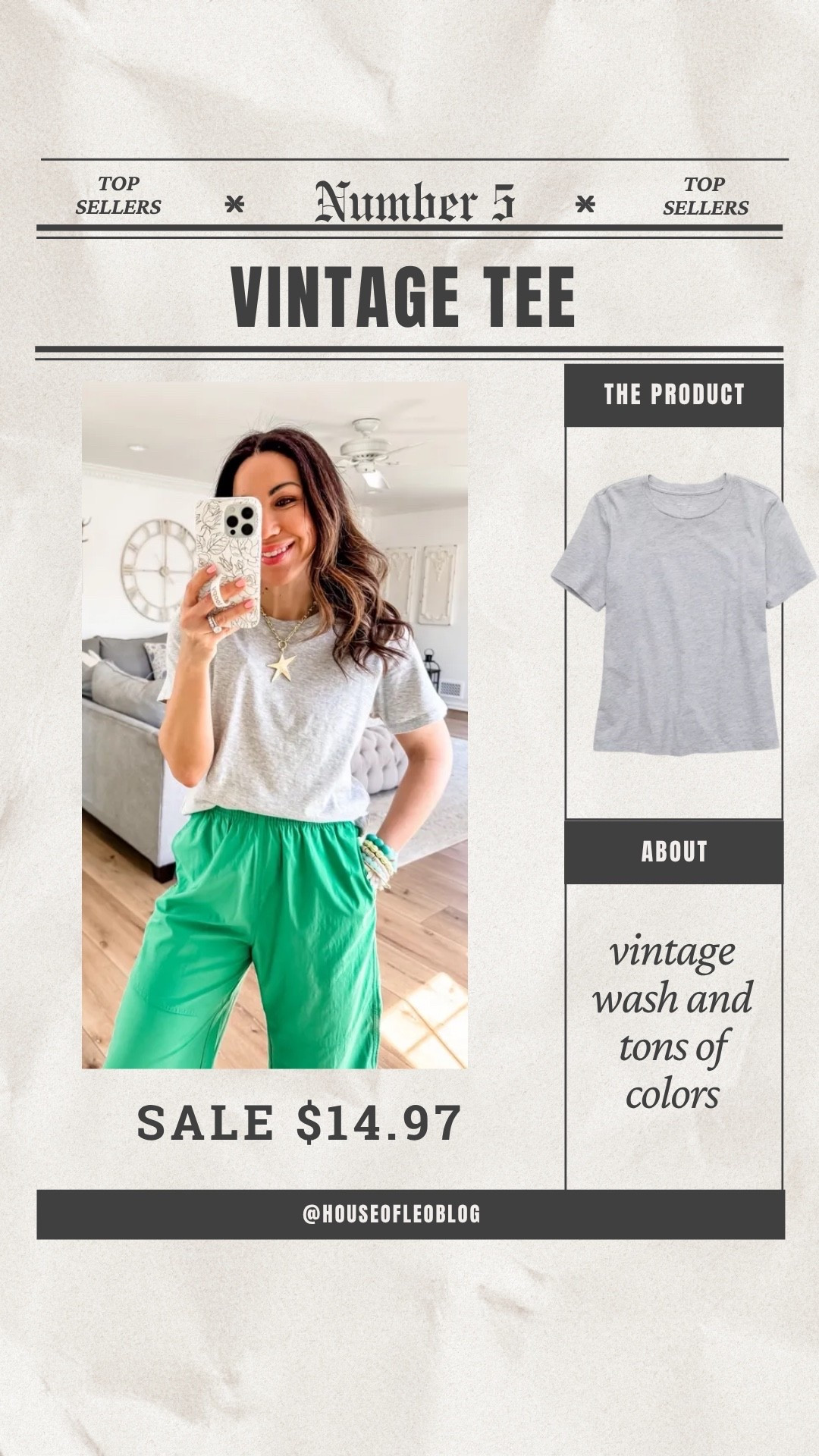 Wearing small grey T-shirt