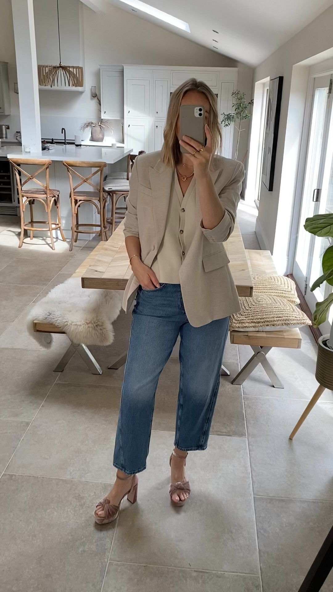 Styling a lovely neutral blazer and jeans look. 
Blazer is a lovely linen cotton blend with micro texture. Wearing a large. 
Wearing size 12 reg in jeans and medium in waistcoat 

#LTKSummerSale #LTKsummer #LTKuk