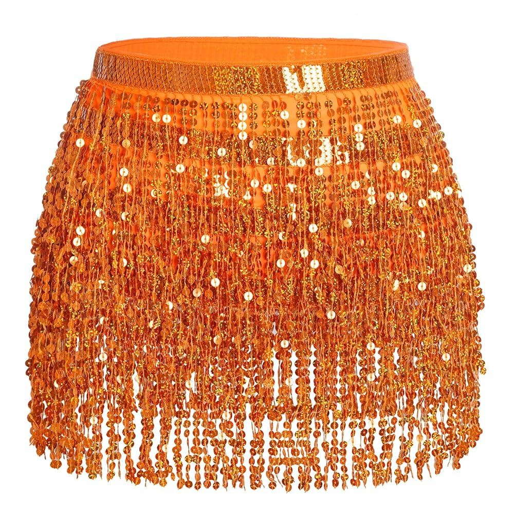 Belly Dance Hip Scarf Sequin Tassel Skirt Wrap Sparkly Rave Costume for Women | Amazon (US)