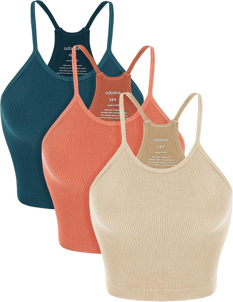 ODODOS Women's Crop Camisole 3-Pack Washed Seamless Rib-Knit Crop Tank Tops, Long Crop, Beige Cor... | Amazon (US)