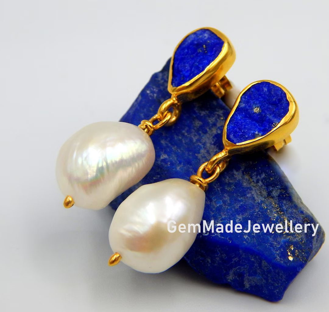 Lapis Lazuli Earrings Pearl Earrings Dangle Earrings Raw - Etsy | Etsy (US)