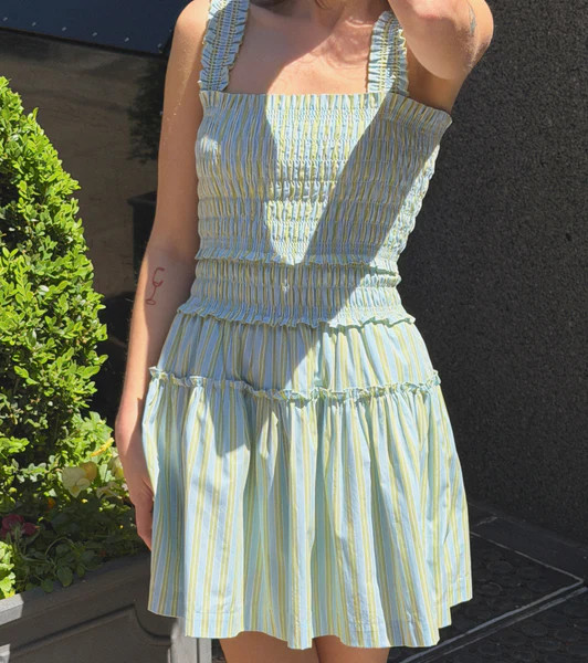 The Azalea Mini Nap Dress - Blue/Green Stripe | Hill House Home US